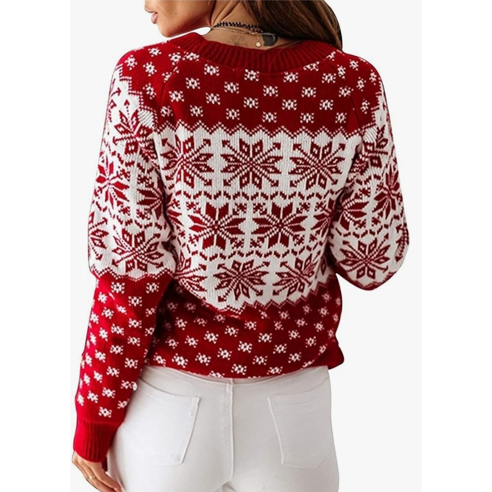 Zaful Sweater Fair Isle Snowflake Red White Christmas Women Size L
